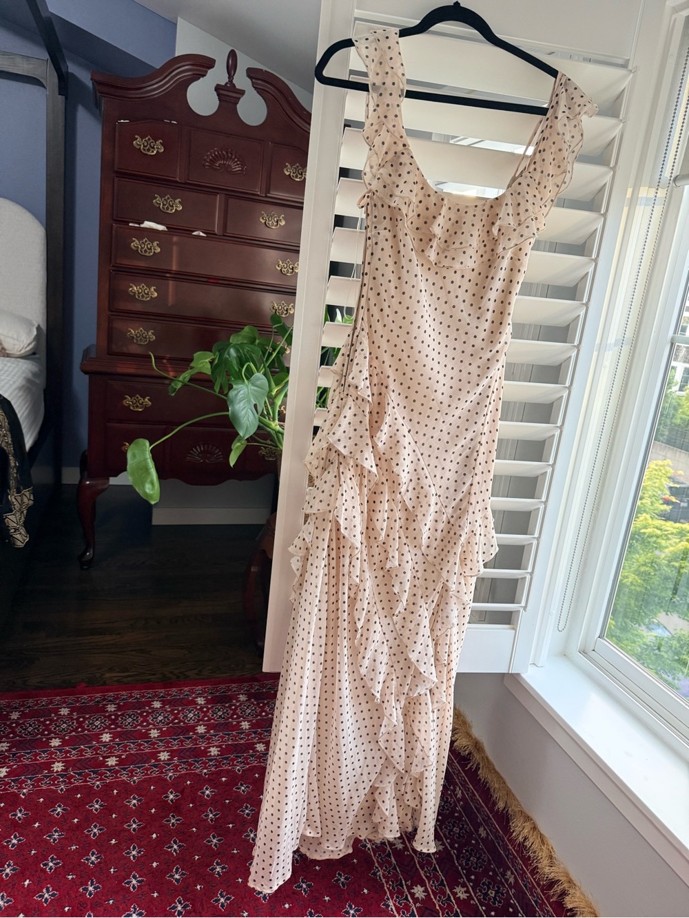 Elegant Beige Polka Dot Ruffle Maxi Dress